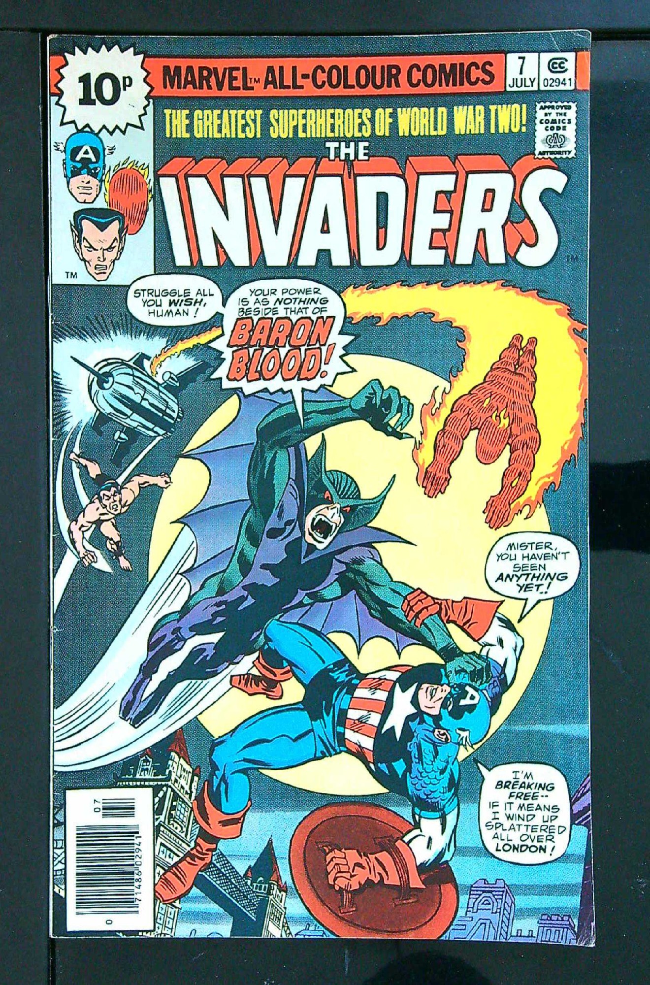 1st Union Jack & Baron Blood<br>ACTUAL SCAN OF COMIC!<br> Cover of Invaders (Vol 1) #7. One of 250,000 Vintage American Comics on sale from Krypton!