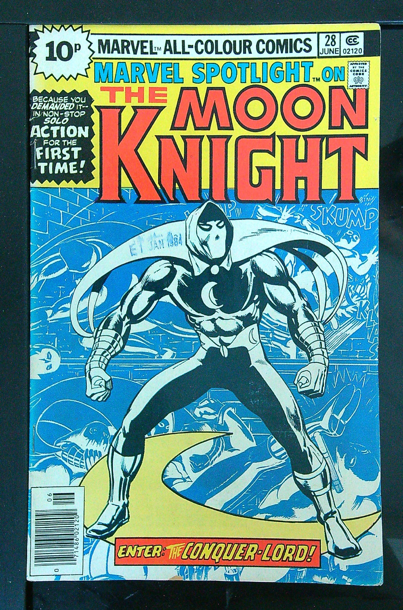 1st Solo Moon Knight<br>ACTUAL SCAN OF COMIC!<br>Stamp on Cover - See Scan Cover of Marvel Spotlight (Vol 1) #28. One of 250,000 Vintage American Comics on sale from Krypton!
