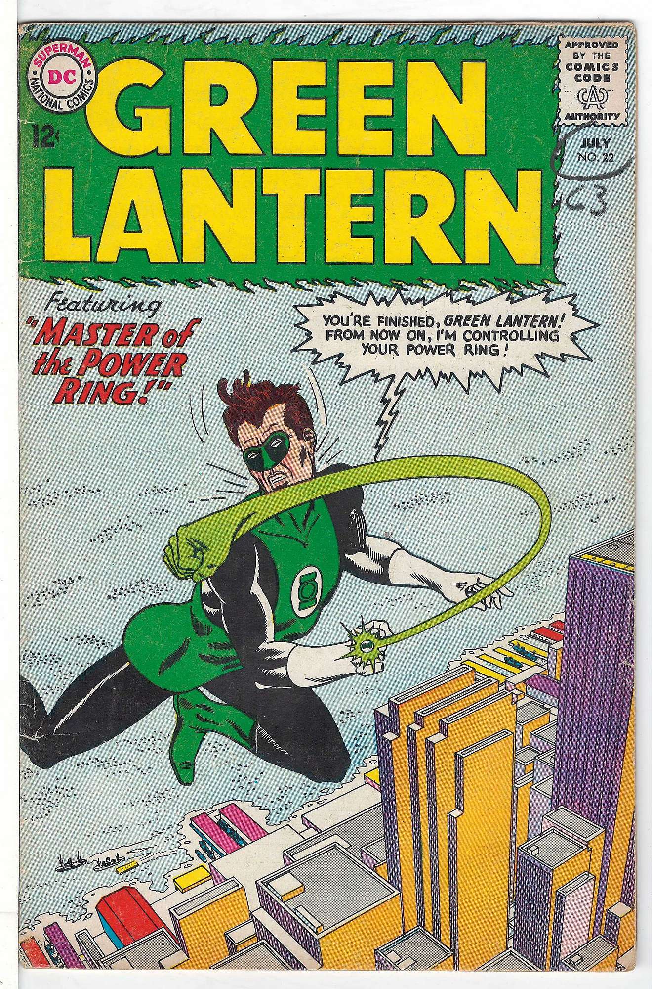 ACTUAL SCAN OF COMIC!<br>63 written Crayon on Cover -See Scan Cover of Green Lantern (Vol 2) #22. One of 250,000 Vintage American Comics on sale from Krypton!