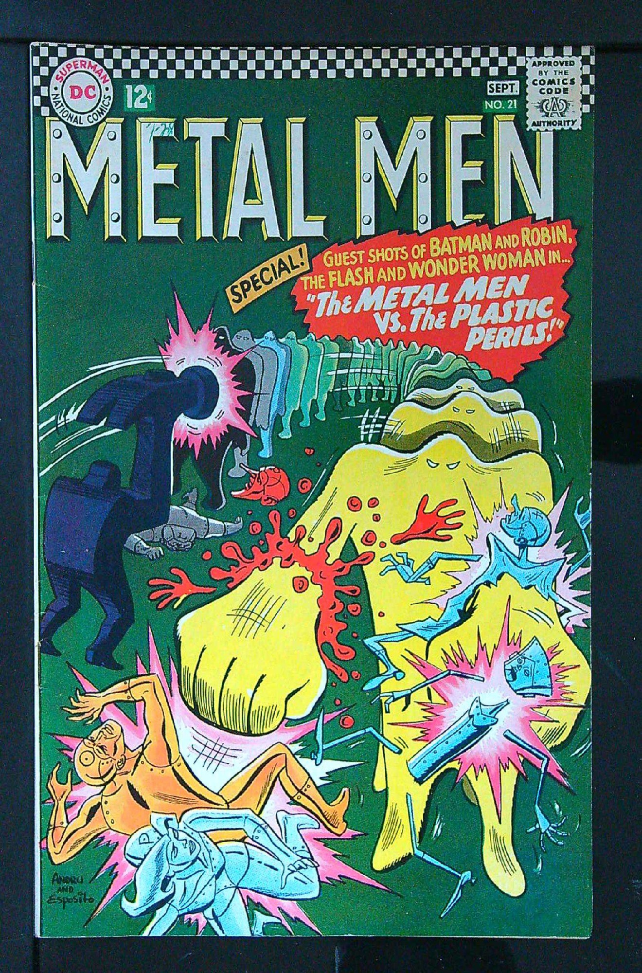 Batman, Robin & Flash X-Over<br>ACTUAL SCAN OF COMIC!<br> Cover of Metal Men (Vol 1) #21. One of 250,000 Vintage American Comics on sale from Krypton!