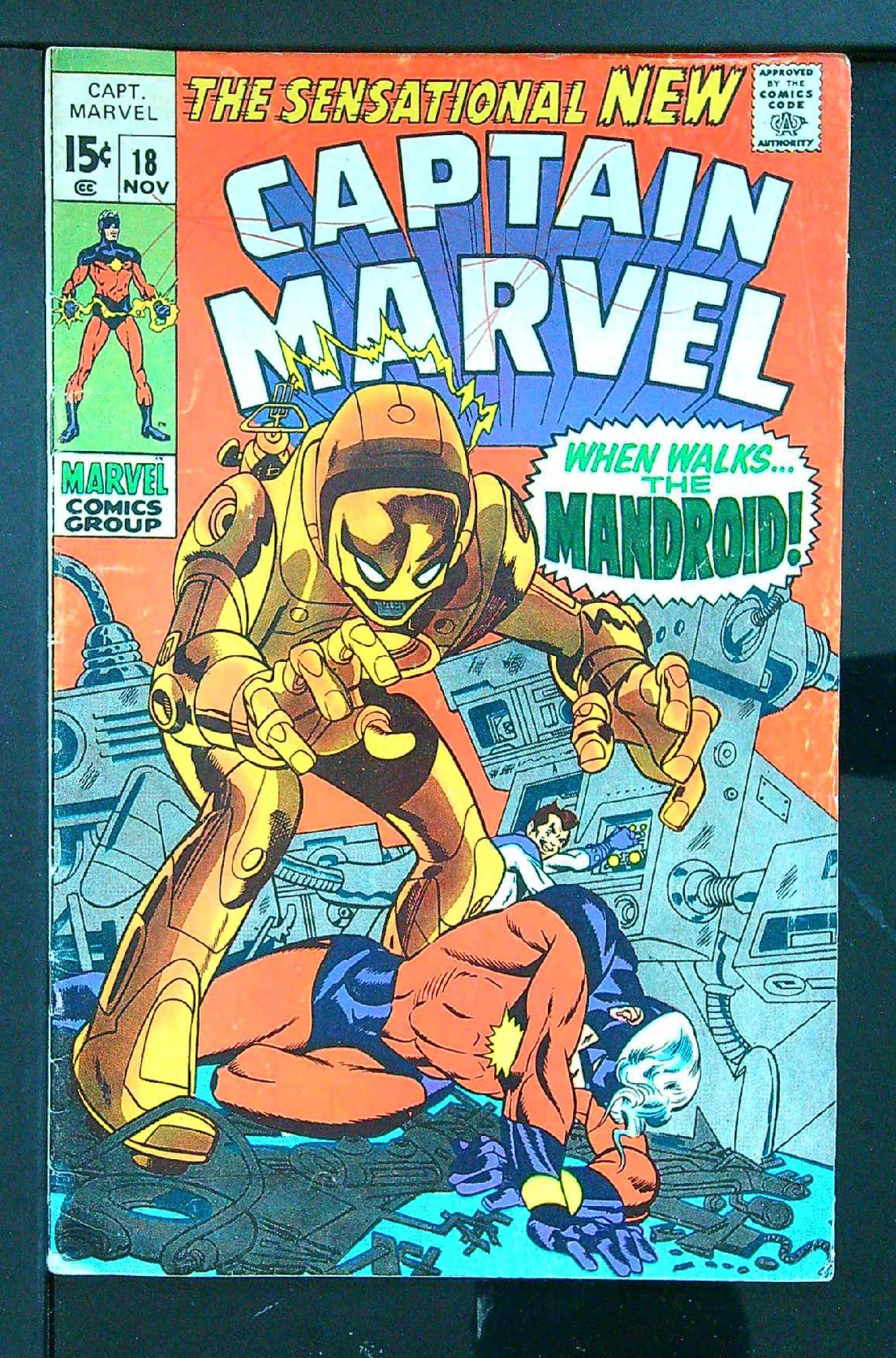 Carol Danvers gets powers - Death of Yon-Rogg<br>ACTUAL SCAN OF COMIC!<br>Pen on Cover - See Scan Cover of Captain Marvel (Vol 1) #18. One of 250,000 Vintage American Comics on sale from Krypton!