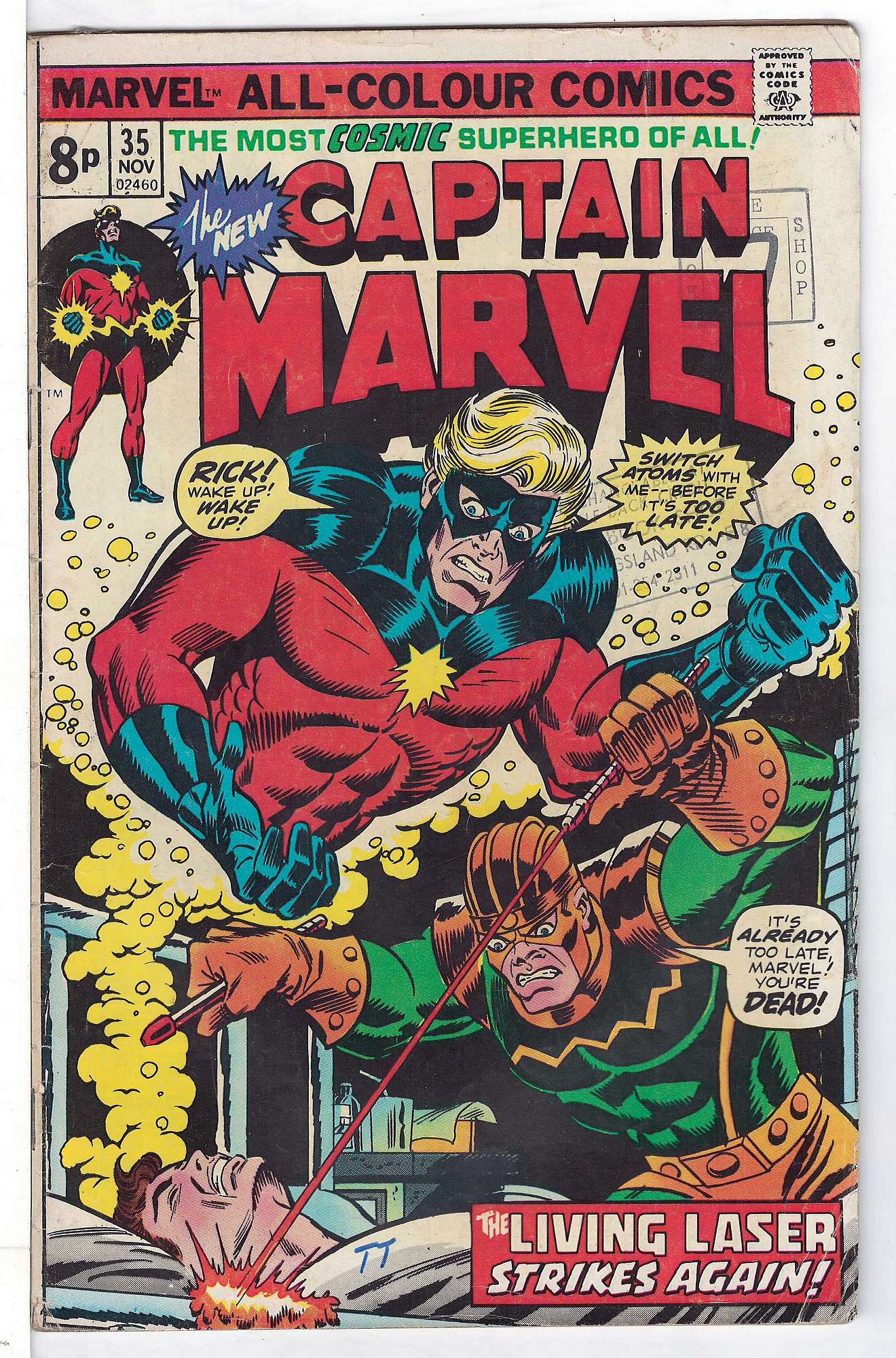 ACTUAL SCAN OF COMIC!<br>Distribution Stamps & pen on Cover - See Scan Cover of Captain Marvel (Vol 1) #35. One of 250,000 Vintage American Comics on sale from Krypton!